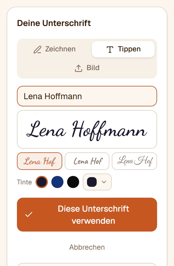 Der Tab Tippen mit einem eingegebenen Namen in Handschrift und den drei Schriften zur Auswahl