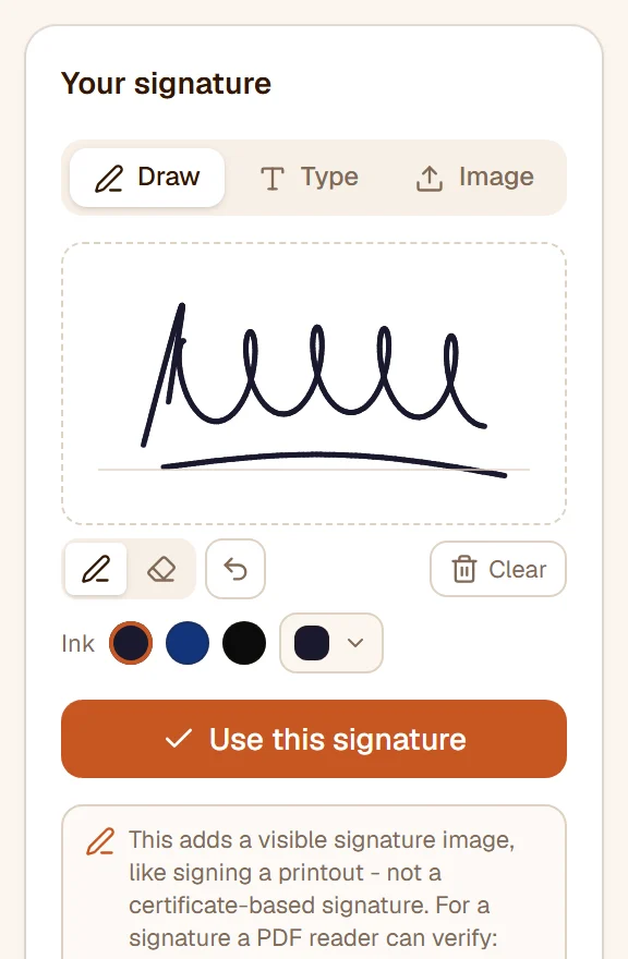 The signature pad with a drawn signature, the pen, eraser and undo buttons and the ink colours