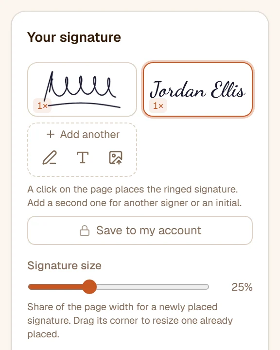 Two signatures as tiles in the rail - one drawn, one typed - with the active one ringed and buttons to add another