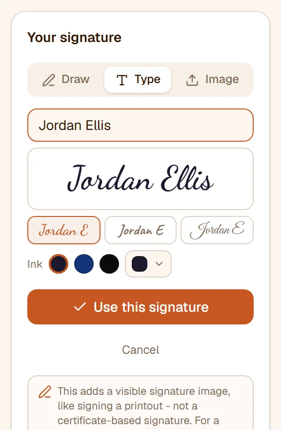 The Type tab with a name typed in and shown in a handwriting style, with the three styles to choose from