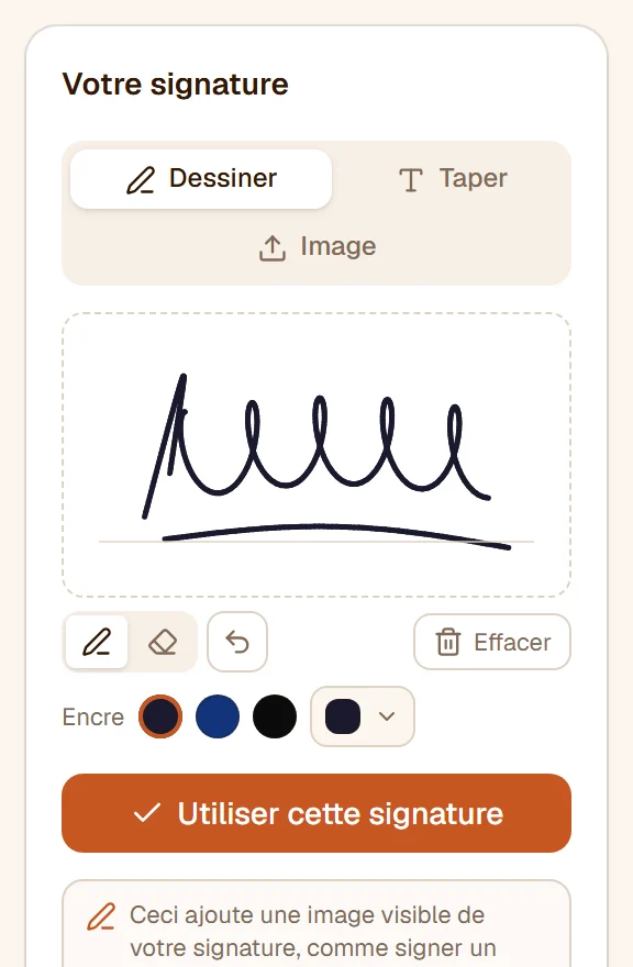 Le bloc de signature avec une signature dessinée, les boutons stylo, gomme et annuler, et les couleurs d'encre