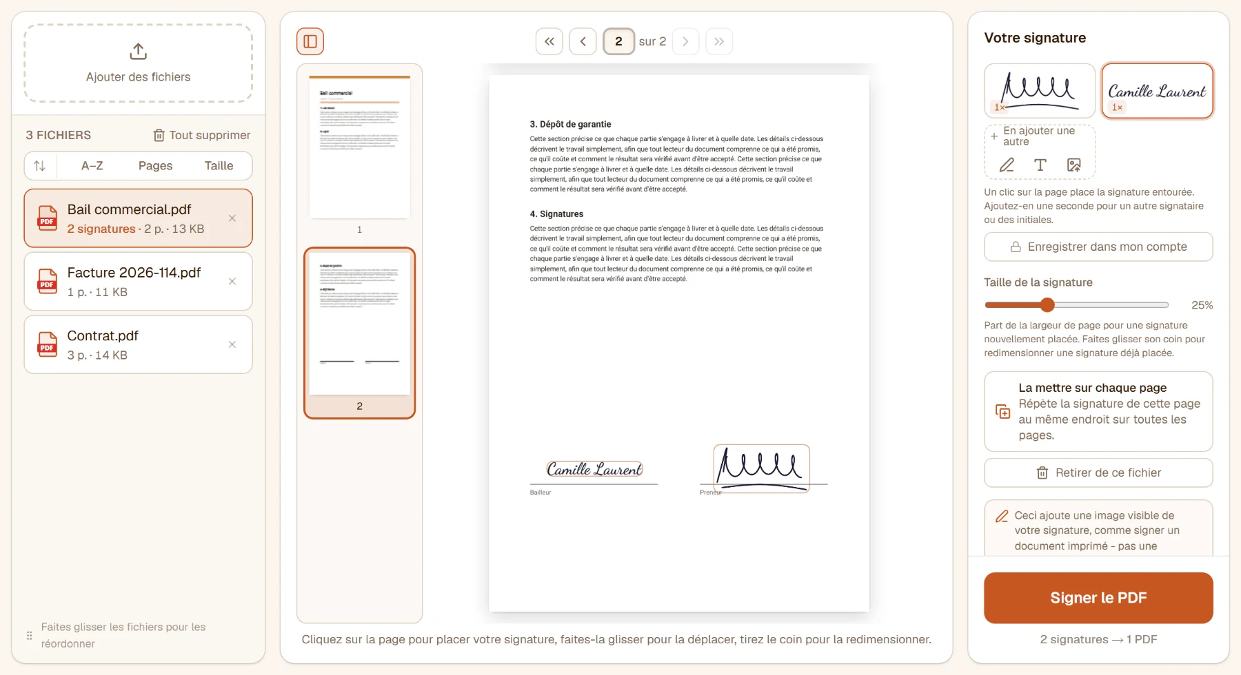 La deuxième page d'un bail avec deux signatures sur les lignes de signature, une dessinée pour le preneur et une tapée pour le bailleur