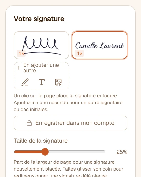 Deux signatures en vignettes dans le panneau - l'une dessinée, l'autre tapée - l'active entourée, et des boutons pour en ajouter une autre