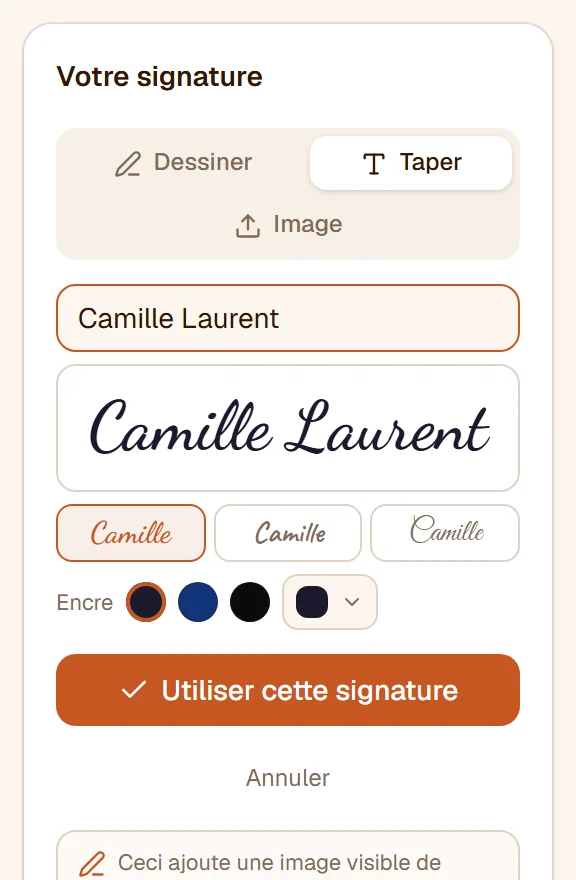 L'onglet Taper avec un nom saisi, affiché dans un style manuscrit, et les trois styles au choix