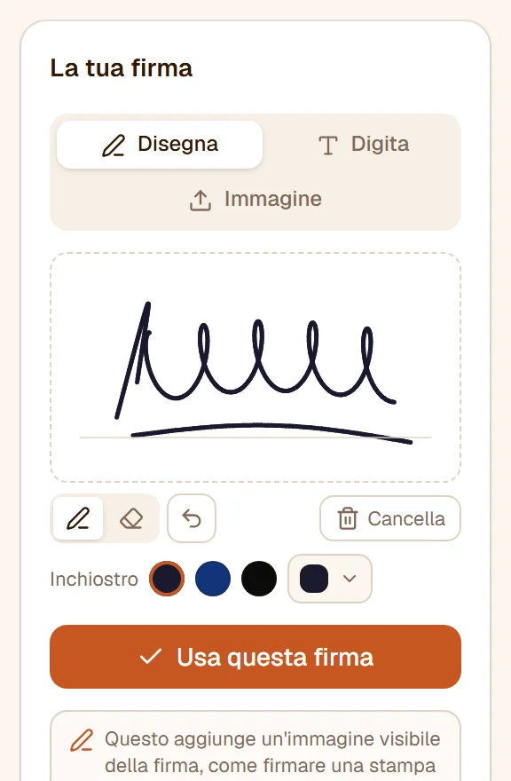 Il riquadro di firma con una firma disegnata, i pulsanti penna, gomma e annulla e i colori dell'inchiostro