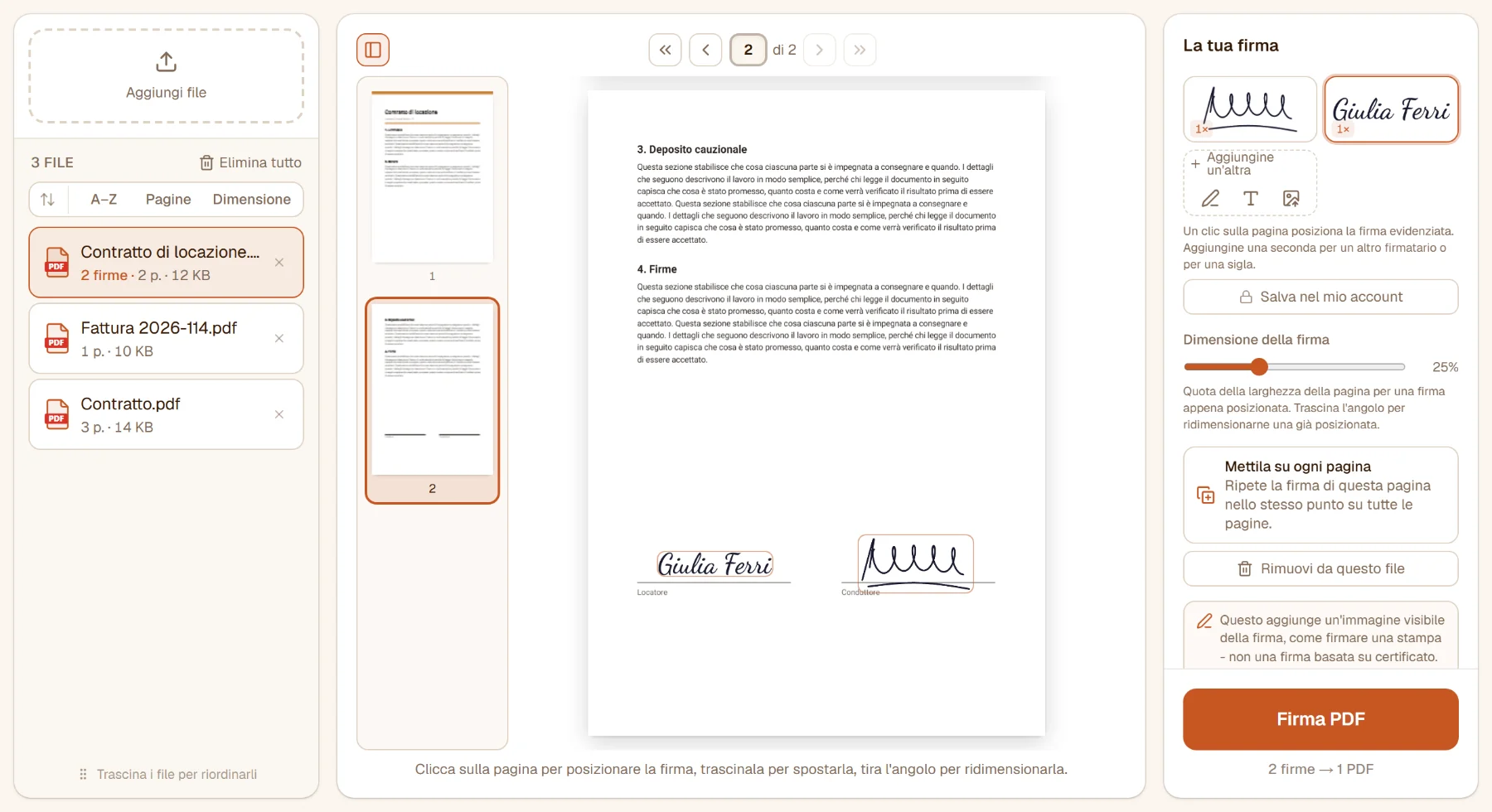 La seconda pagina di un contratto di locazione con due firme sulle righe di firma, una disegnata per il conduttore e una digitata per il locatore