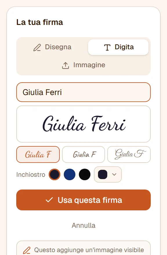 La scheda Digita con un nome scritto e mostrato in stile calligrafico, con i tre stili tra cui scegliere