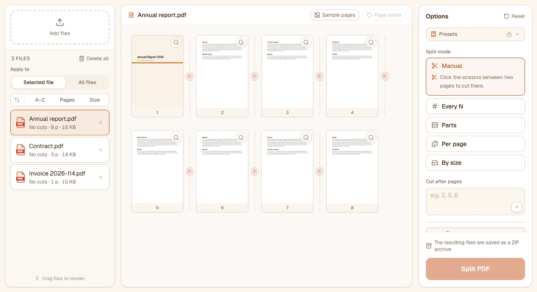 Split PDF with an eight-page report loaded: the pages in the middle with scissors between them, the split modes on the right