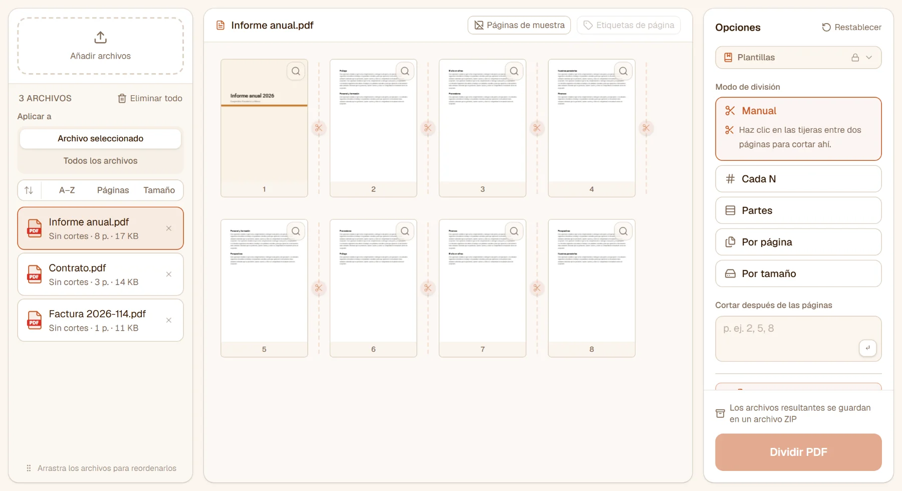 Dividir PDF con un informe de ocho páginas cargado: las páginas en el centro con tijeras entre ellas y los modos de división a la derecha