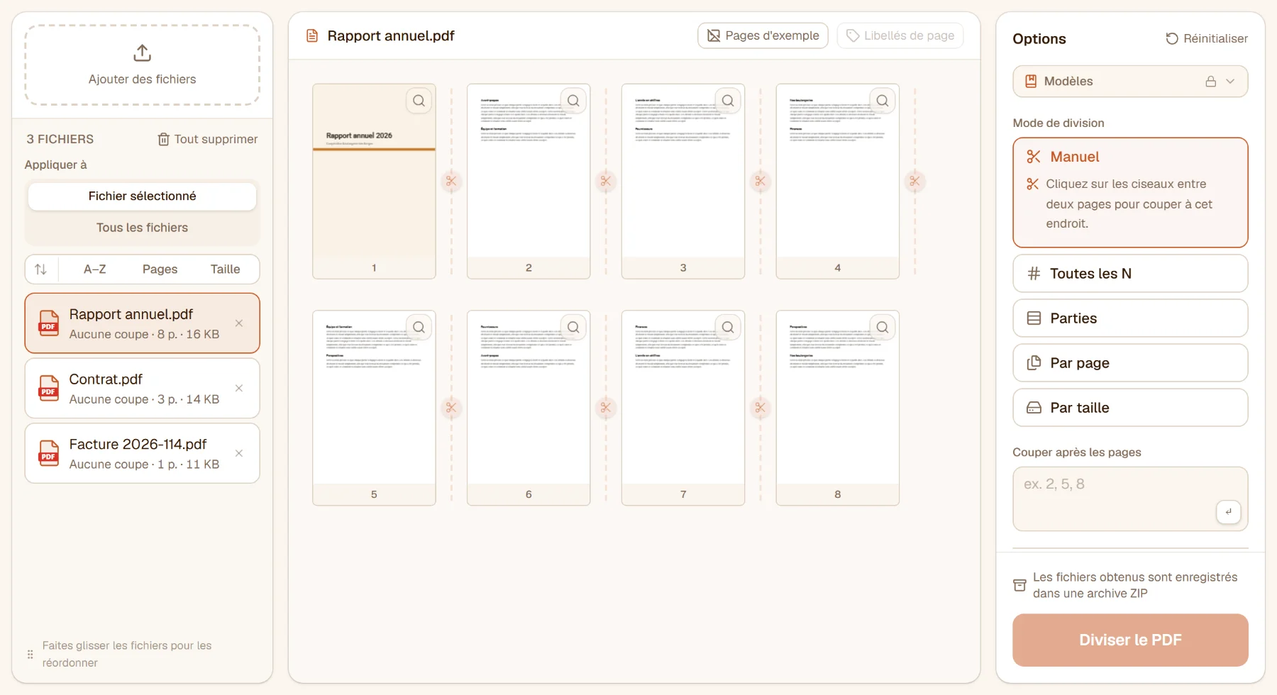 Diviser un PDF avec un rapport de huit pages chargé : les pages au centre avec des ciseaux entre elles, les modes de division à droite