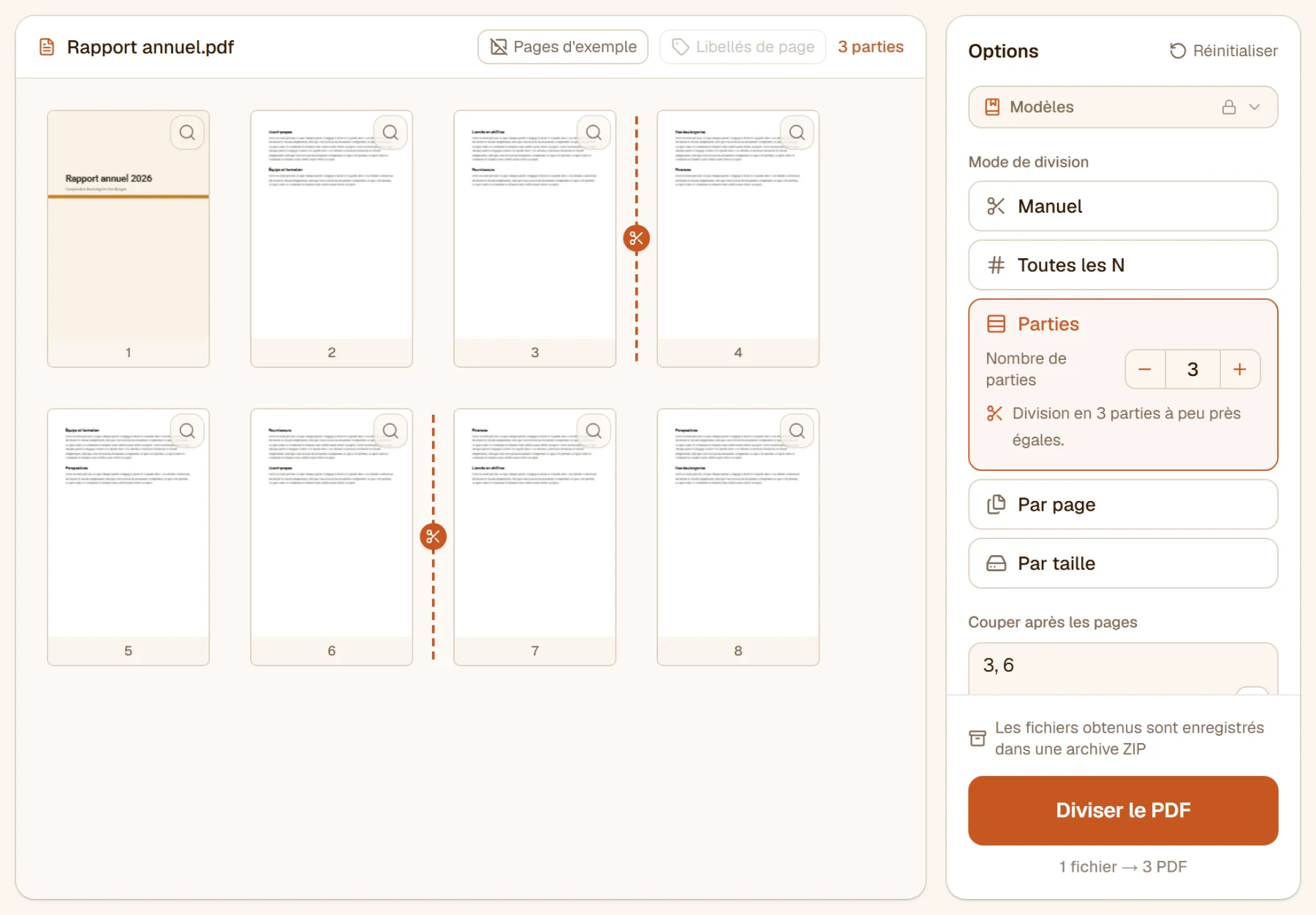 Mode Parties avec trois parties : les huit pages coupées après les pages 3 et 6