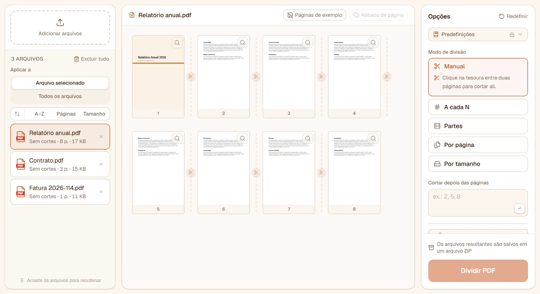 Dividir PDF com um relatório de oito páginas carregado: as páginas no centro com tesouras entre elas, os modos de divisão à direita