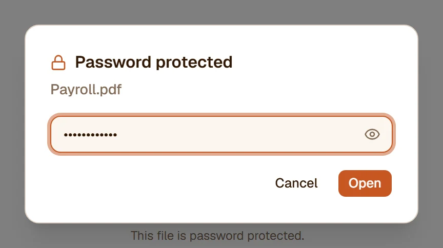 The password dialog with the file's name and a password typed in as dots