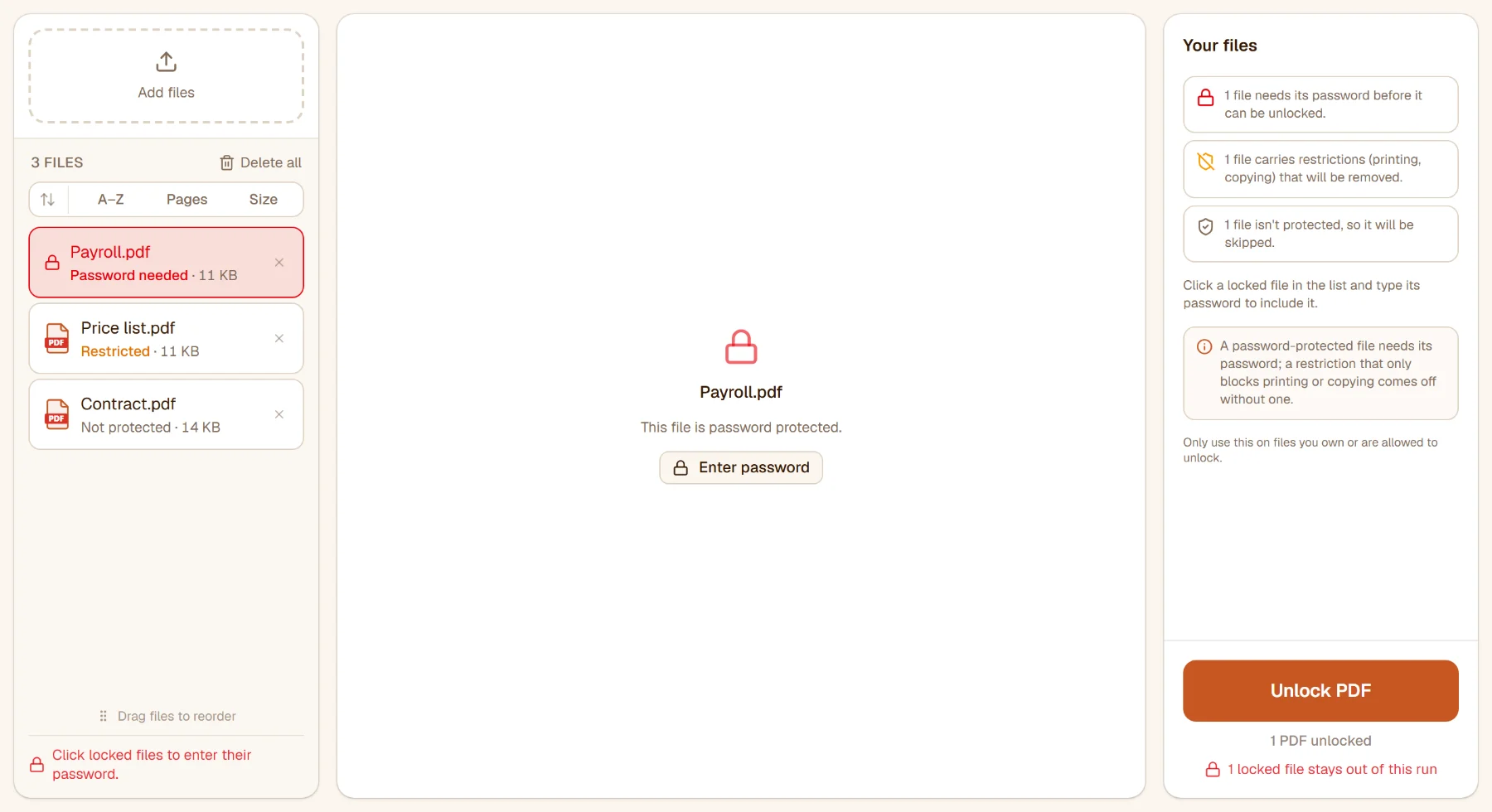 Unlock PDF with three files: one needs its password, one is restricted, one isn't protected; the rail tallies them