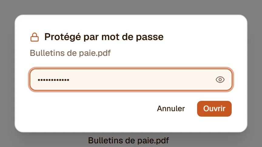 La boîte de dialogue du mot de passe avec le nom du fichier et un mot de passe saisi, masqué par des points