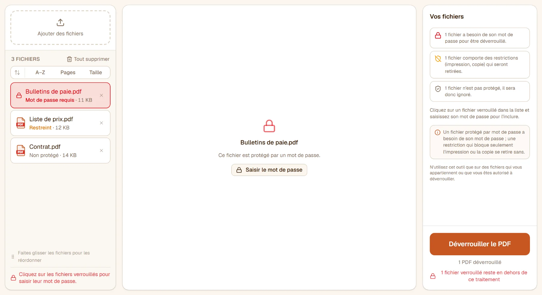 Déverrouiller un PDF avec trois fichiers : l'un demande son mot de passe, un autre est restreint, le dernier n'est pas protégé ; le panneau en fait le décompte