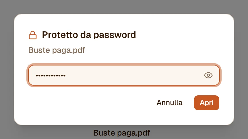 La finestra della password con il nome del file e una password digitata come puntini