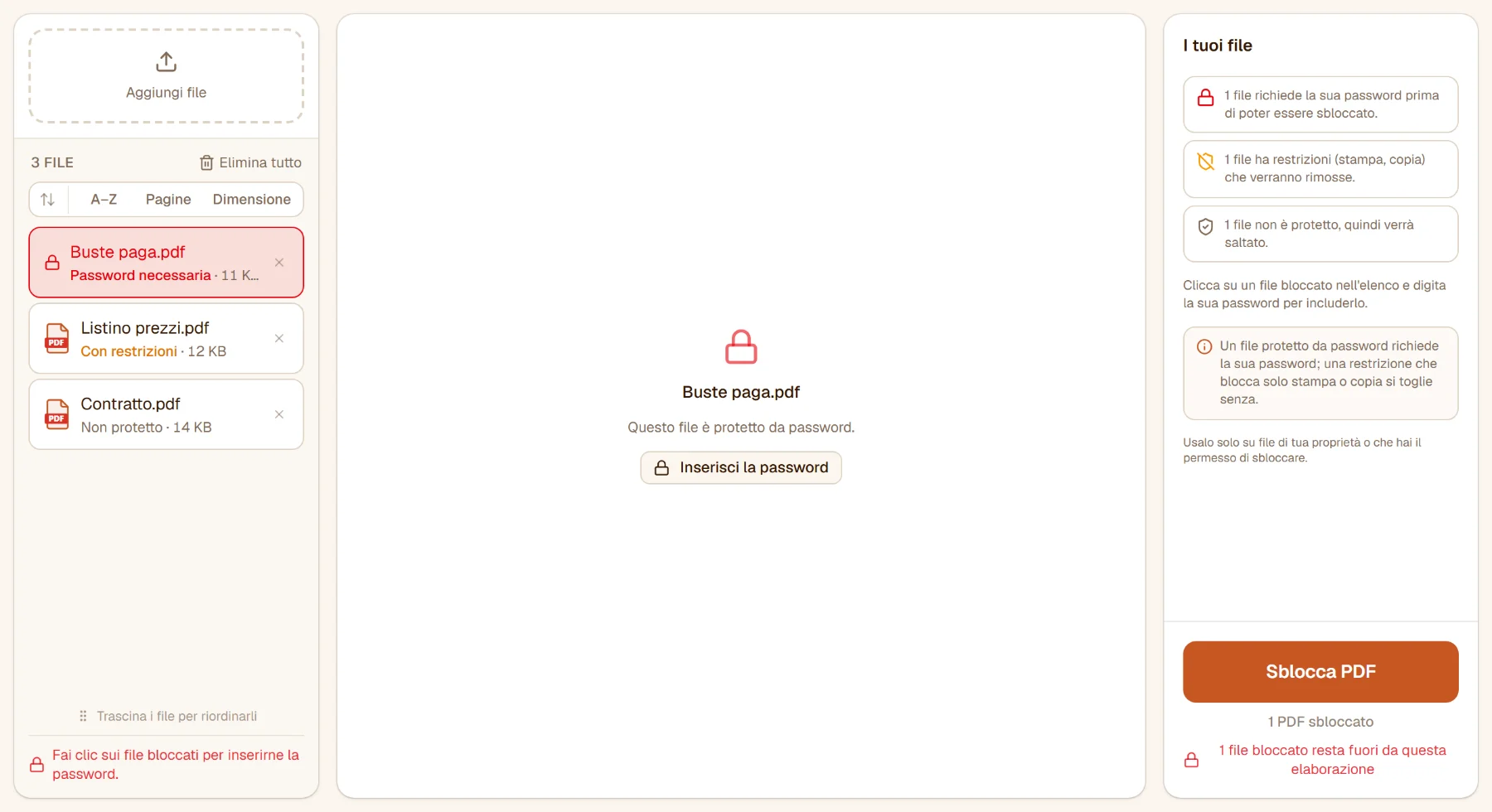Sbloccare PDF con tre file: uno richiede la password, uno ha restrizioni, uno non è protetto; il pannello li conta