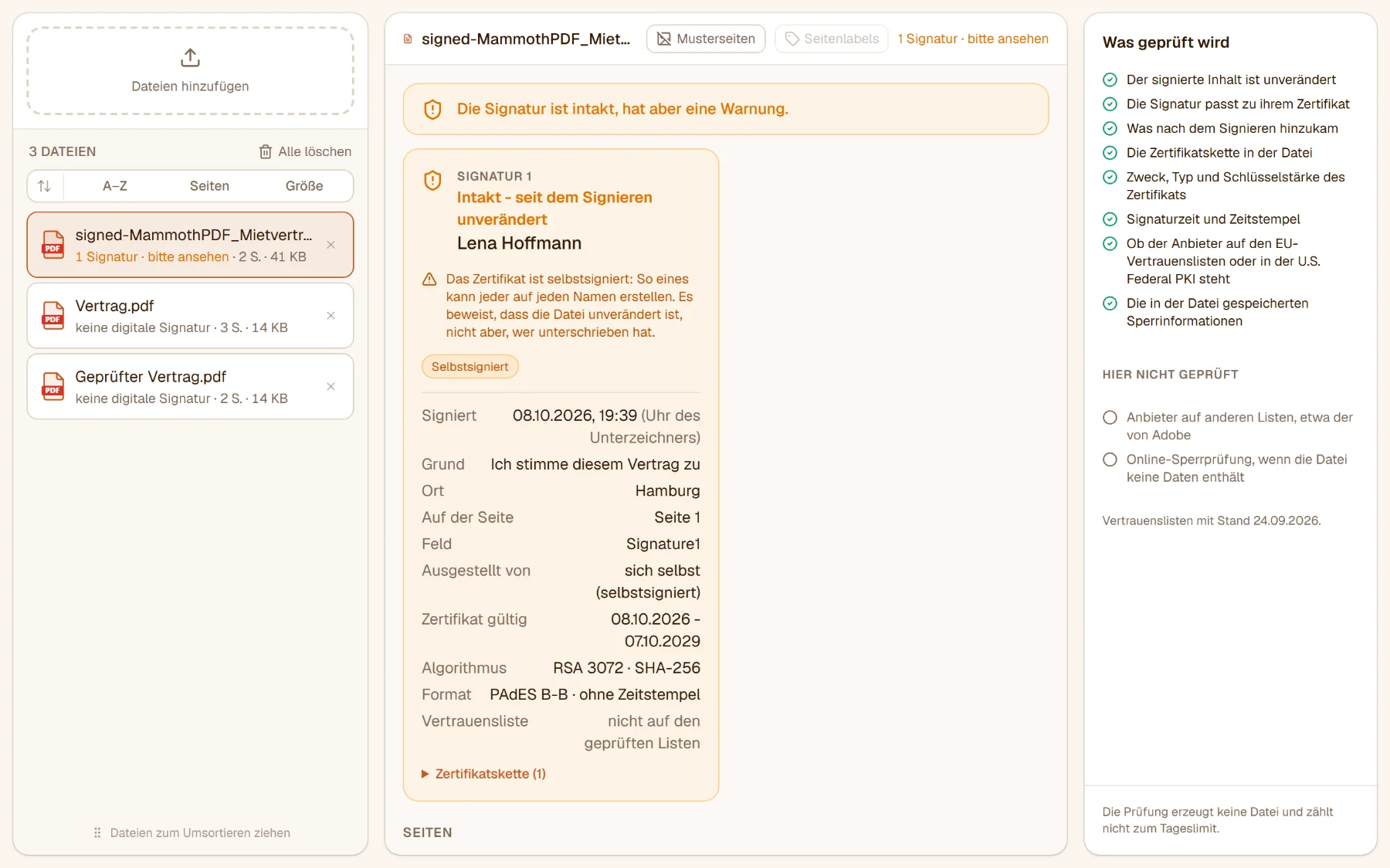 PDF-Signatur prüfen mit drei Dateien: der signierte Mietvertrag mit 1 Signatur, bitte ansehen; die anderen beiden haben keine digitale Signatur