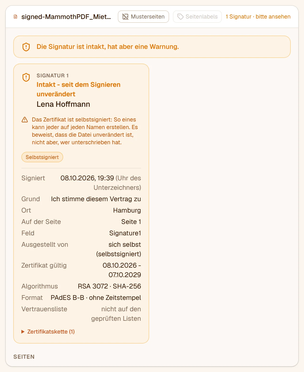 Eine Signaturkarte: intakt, seit dem Signieren unverändert, signiert von Lena Hoffmann, mit einer Warnung, dass das Zertifikat selbstsigniert ist, und ihren Details