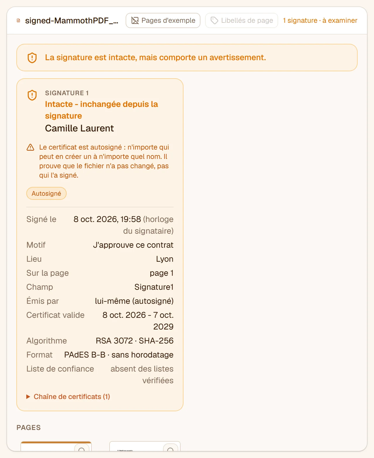 Une fiche de signature : intacte, inchangée depuis la signature, signée par Camille Laurent, avec un avertissement indiquant que le certificat est autosigné, et ses détails