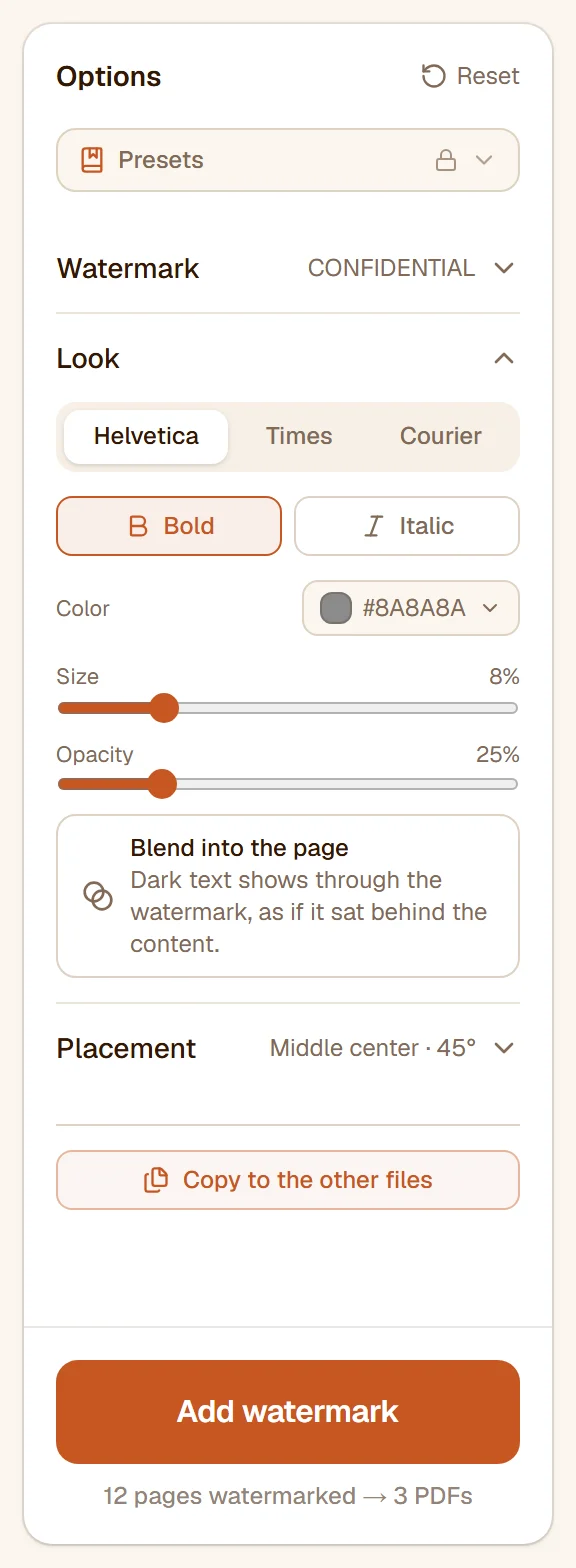 The Look section: font, bold and italic, colour, size and opacity sliders and the Blend into the page switch