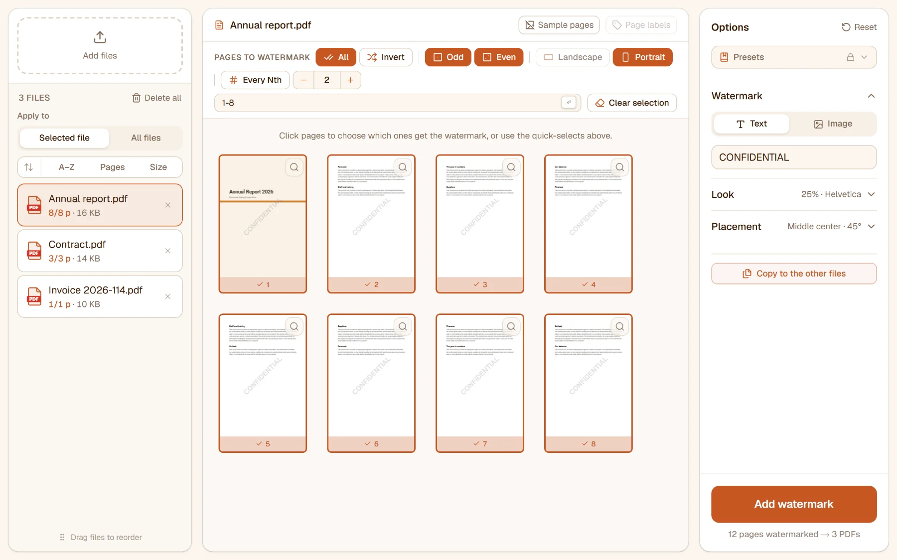 Add Watermark with three files in the list: every page of the selected report shows a diagonal CONFIDENTIAL