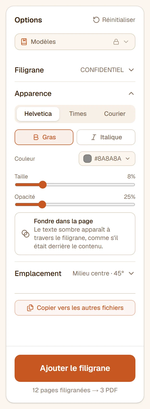 La section Apparence : police, gras et italique, couleur, curseurs de taille et d'opacité et l'interrupteur Fondre dans la page