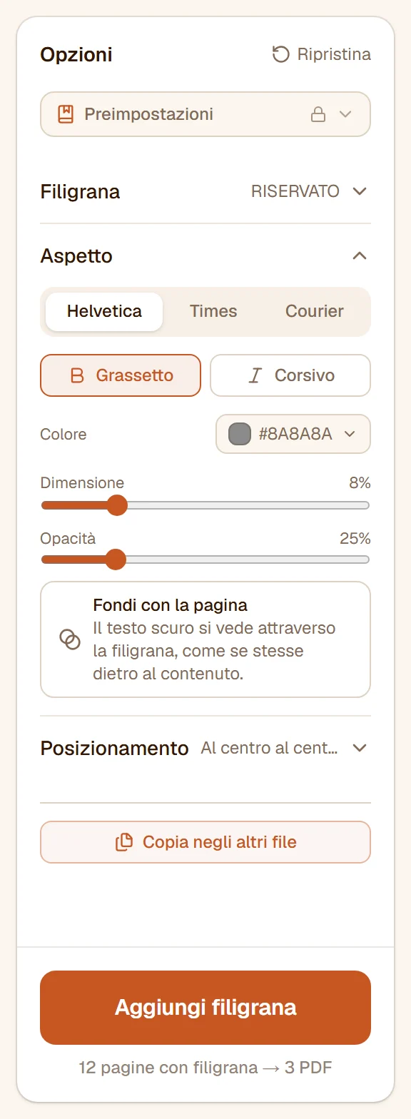La sezione Aspetto: font, grassetto e corsivo, colore, cursori di dimensione e opacità e l'interruttore Fondi con la pagina