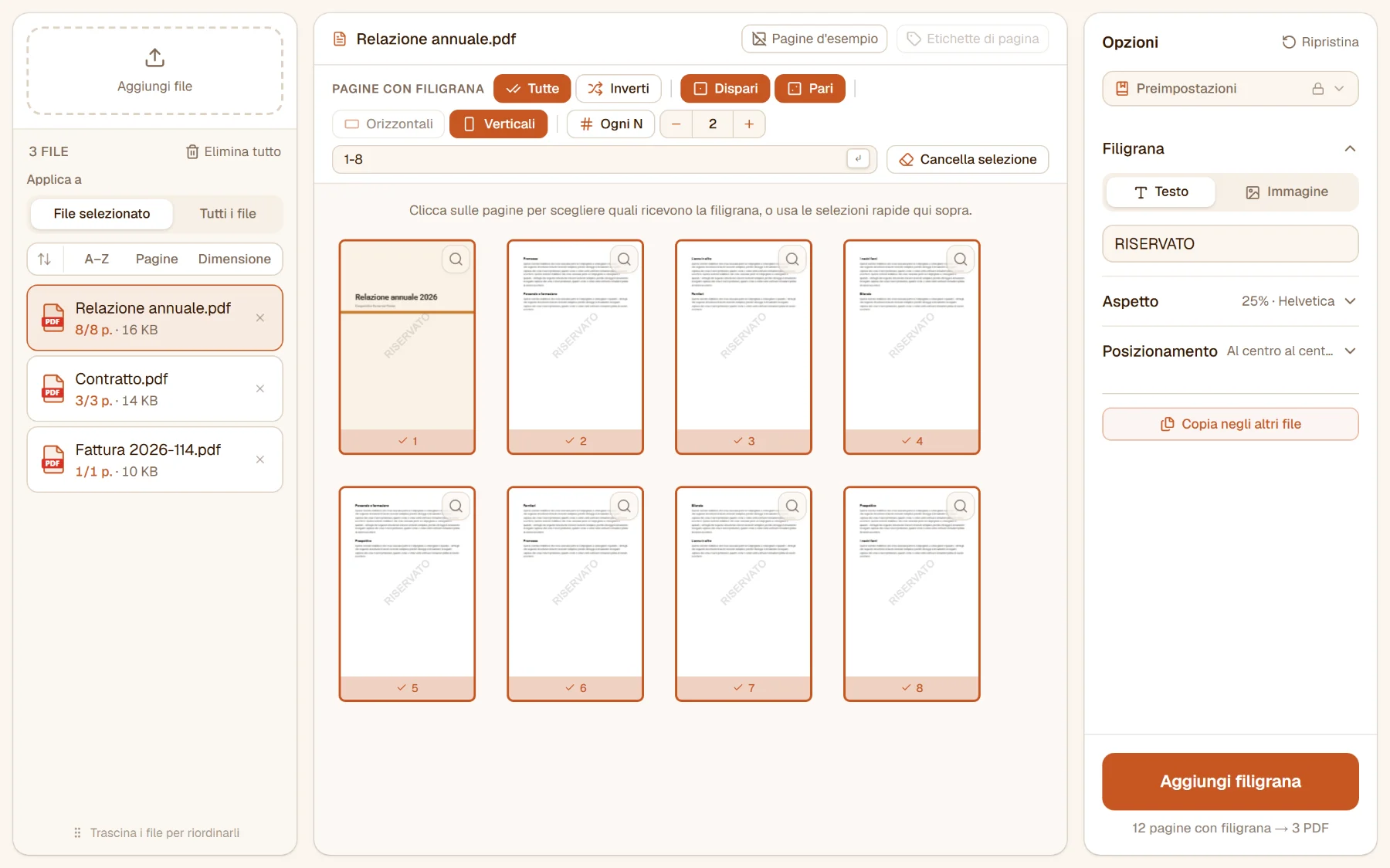 Aggiungere filigrana al PDF con tre file nell'elenco: ogni pagina della relazione selezionata mostra RISERVATO in diagonale