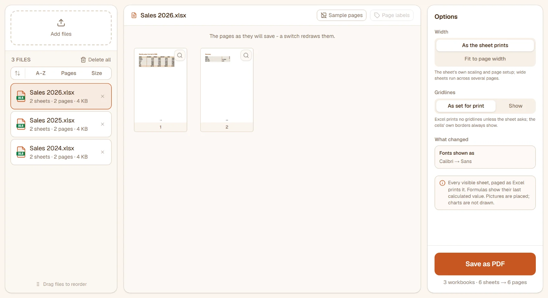 Excel to PDF with three workbooks: Sales 2026 gave 2 sheets and 2 pages, the rail lists Calibri shown as Sans